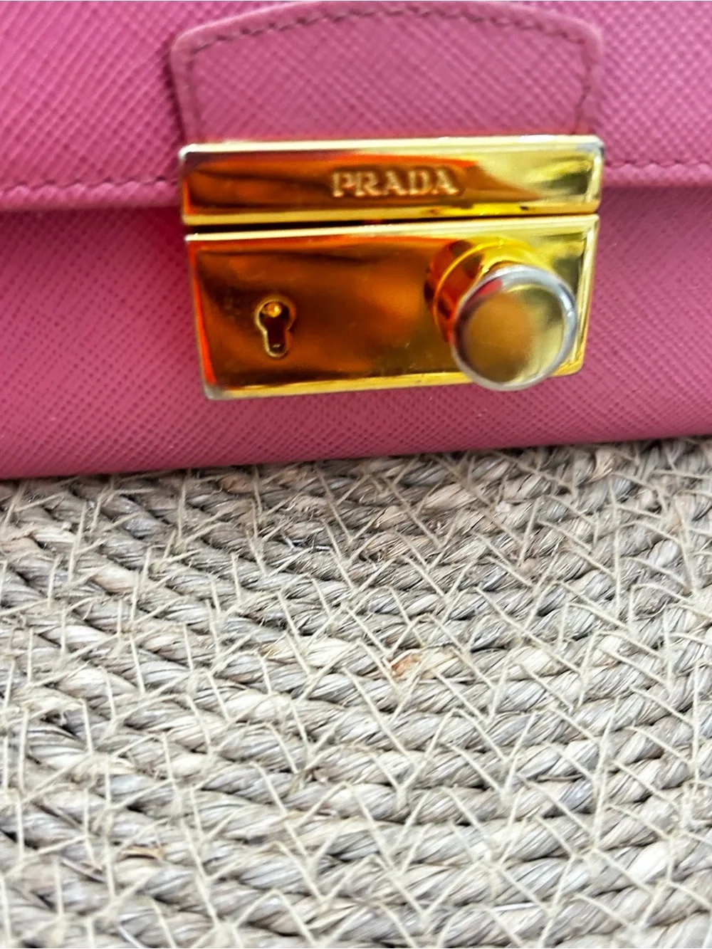 Prada Pink Saffiano Leather Wallet with Gold Lock